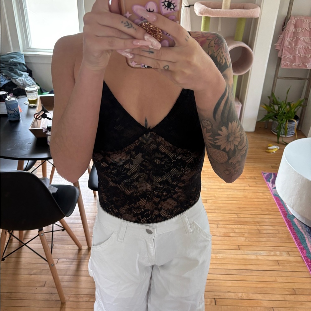 Sheer Black Lace V-Neck Bodysuit - Picture 2 of 3
